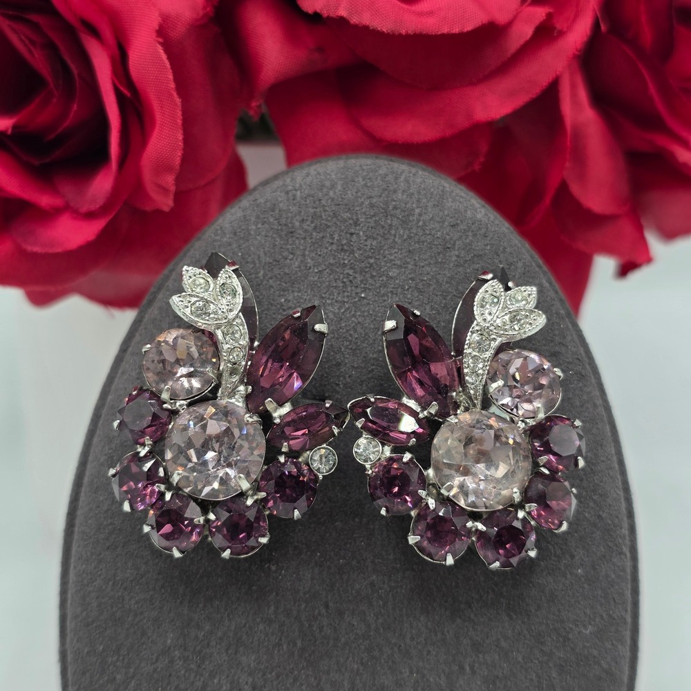 Eisenberg Ice Vintage Purple Lavender Rhinestone Floral Clip On Earrings Silver